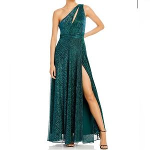 Aqua One Shoulder Crinkled Metallic Gown